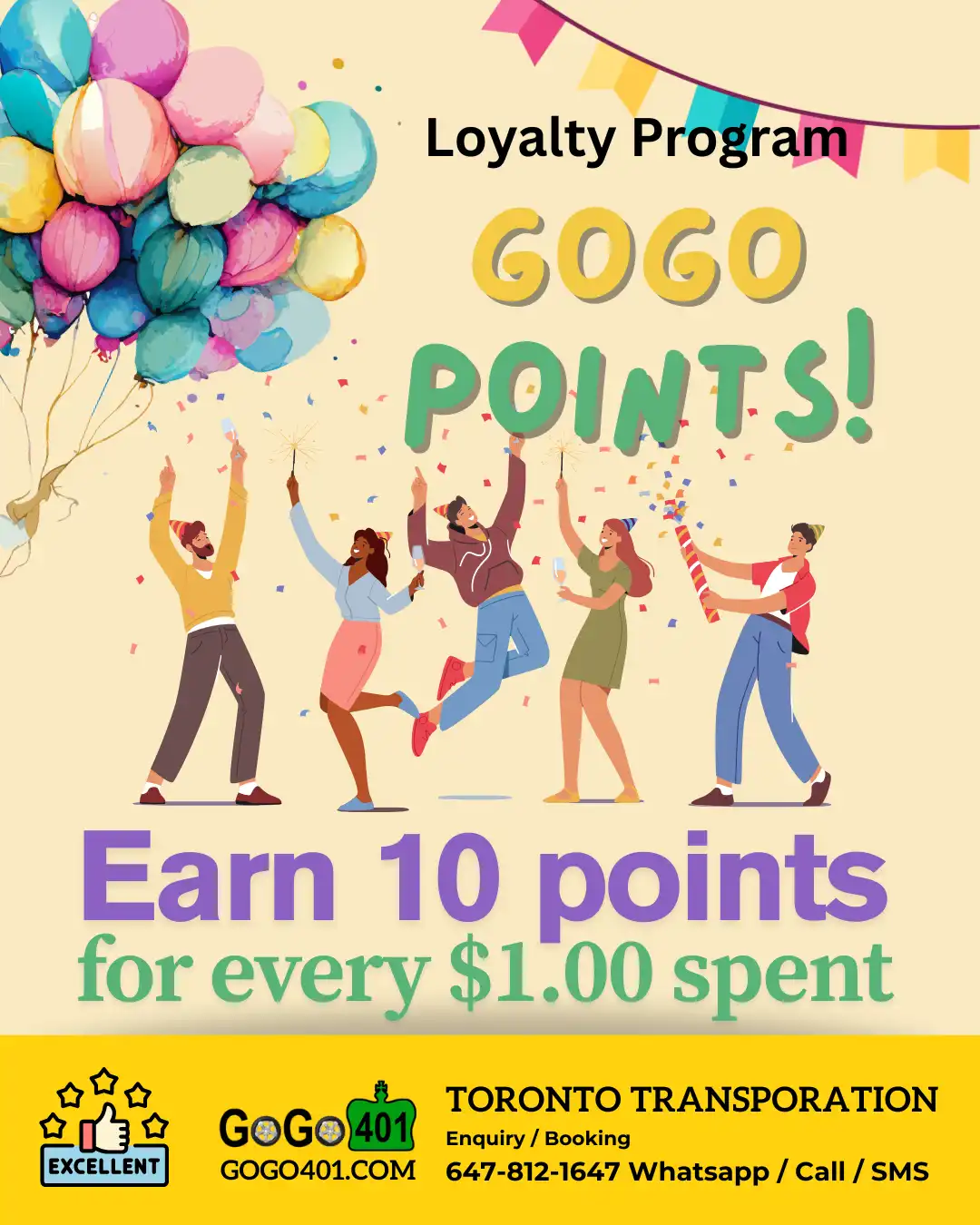 GOGO Points – Earn 10 points for every dollar spent GO GO 401 Loyalty Program - Earn 10 points for every dollar spent!
